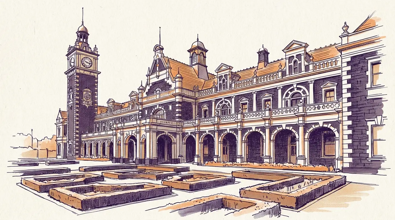 Stylised sketch of Dunedin Railway Station in purple and orange
