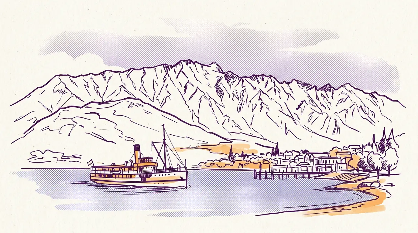 Stylised sketch of Lake Wakatipu and The Remarkables in purple and orange