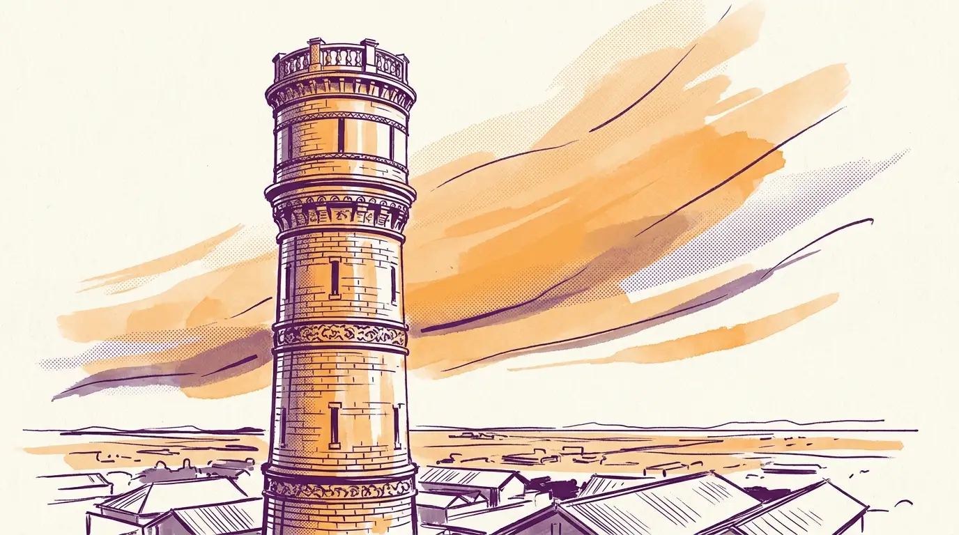 Stylised sketch of the Invercargill Water Tower in purple and orange
